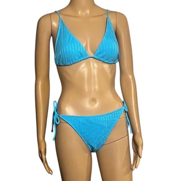 No Boundaries Other - No Boundaries Women's Blue Textured Triangle Tie Bikini Set Size L